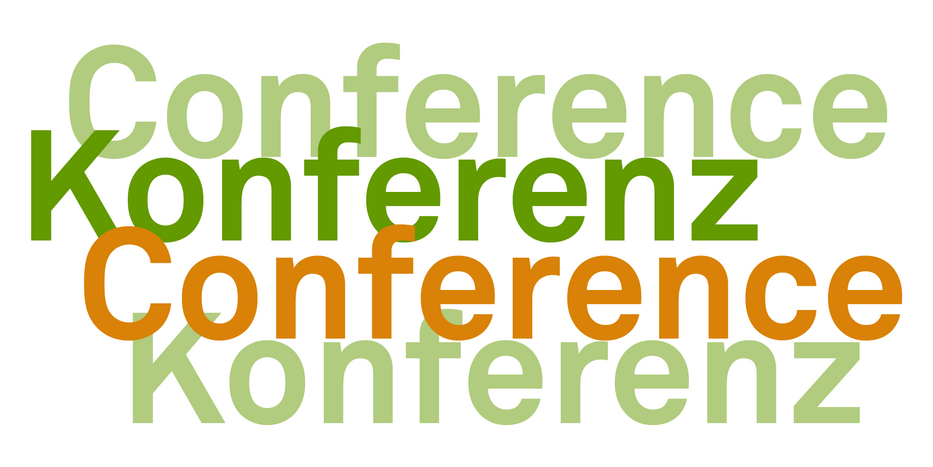 Allgemeines Konferenzlogo: Die Schriftzüge "Konferenz" (in dunkelgrün und hellgrün) und "Conference" (in orange und hellgrün) wobei sich die Worte überlappen