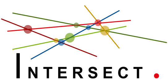 Logo des Projekts INTERSECT: Farbige Linien, die sich überkreuzen und an den Schnittstellen mit Kreisen verbunden sind