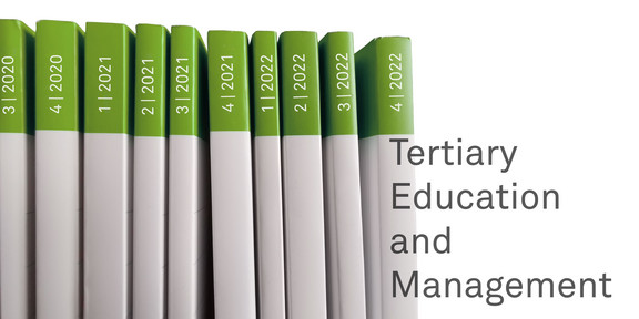 Journal issues placed side by side, next to it the lettering Tertiary Education and Management