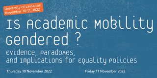 Ankündigungsposter des Symposiums "Is Academic Mobility Gendered?". Weiße Schrift auf blauem Hintergrund mit dem Titel des Symposiums und den Veranstaltungsorten an der Universität Lausanne