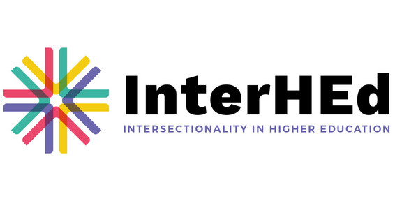 Logo of the InterHEd project. Left: Red, yellow, pink and purple chevron signs arranged in a circle and overlapping. To the right: the lettering InterHEd, Intersectionality in Higher Education