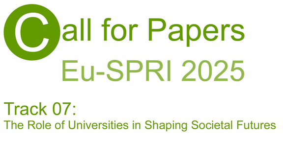 Weißes Banner mit grüner Schrift. Die Aufschrift lautet: Call for Papers (das C ist in weiß gehalten und steht in einem grünen Kreis), darunter folgt der Text: Eu-SPRI 2025, Track 07: The Role of Universities in Shaping Societal Futures