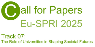 White banner with green lettering. The inscription reads: Call for Papers (the C is in white and stands in a green circle), followed by the text: Eu-SPRI 2025, Track 07: The Role of Universities in Shaping Societal Futures