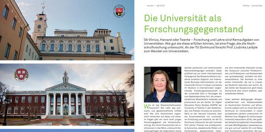[Translate to English:]hree photos of universities, next to it a portrait photo of Prof. Leišytė and the beginning of the article