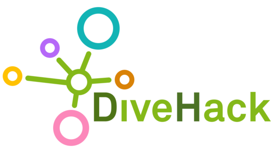 Logo des Projekts DiveHack: Farbige Kreise, die mit einem zentralen grünen Kreis durch Linien verbunden sind