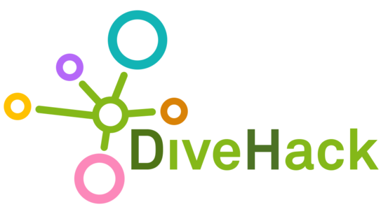 Logo of the DiveHack project: Colored circles connected to a central green circle by lines