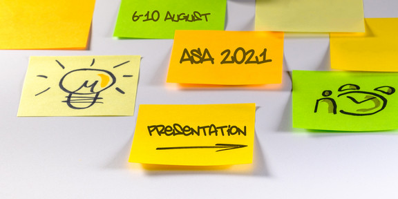 Colorful sticky notes with various information about the ASA 2021 Virtual Annual Meeting