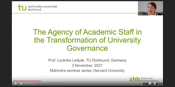 Screenshot of Prof. Liudvika Leišytė's presentation at the Mahindra seminar at Harvard University