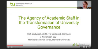 Screenshot of Prof. Liudvika Leišytė's presentation at the Mahindra seminar at Harvard University