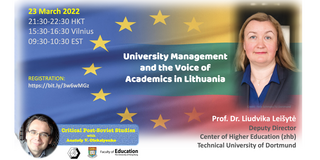 Announcement poster for the talk "University Management and the Voice of Academics in Lithuania" with the portrait photo of Prof. Liudvika Leisyte, in the background are the European and Lithuanian flags