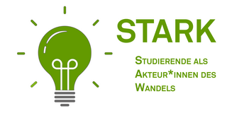 Illustration: a green light bulb with luminous rays, next to it the lettering STARK (students as agents of change)