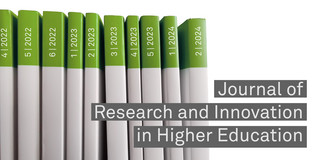 Journal issues placed side by side, next to it the lettering Journal of Research and Innovation in Higher Education