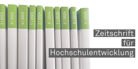 Journal issues placed side by side, next to it the lettering Zeitschrift für Hochschulentwicklung