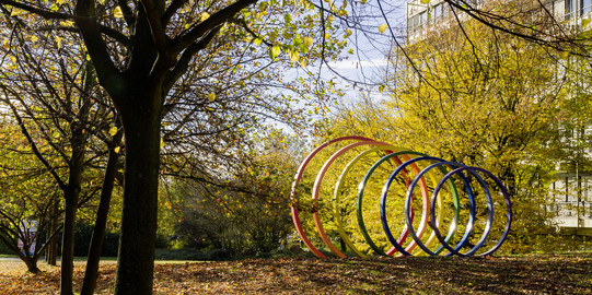 Steel spectral rings surrounded by trees in autumn.