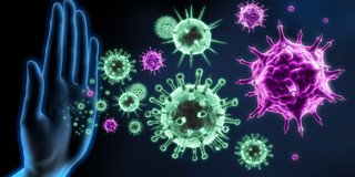 Graphic showing violet and turquoise viruses and a hand that holds the viruses back.